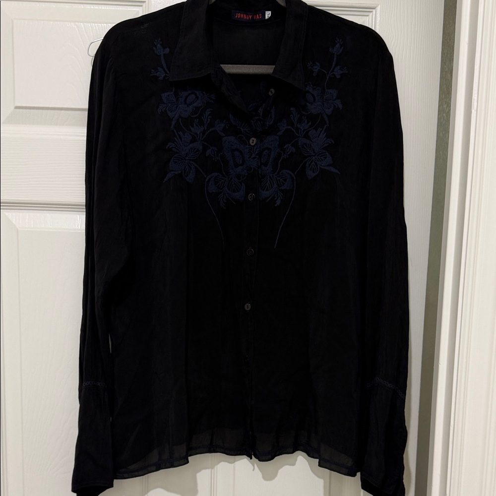 Johnny Was Button up Black Blouse with Embroidery XL